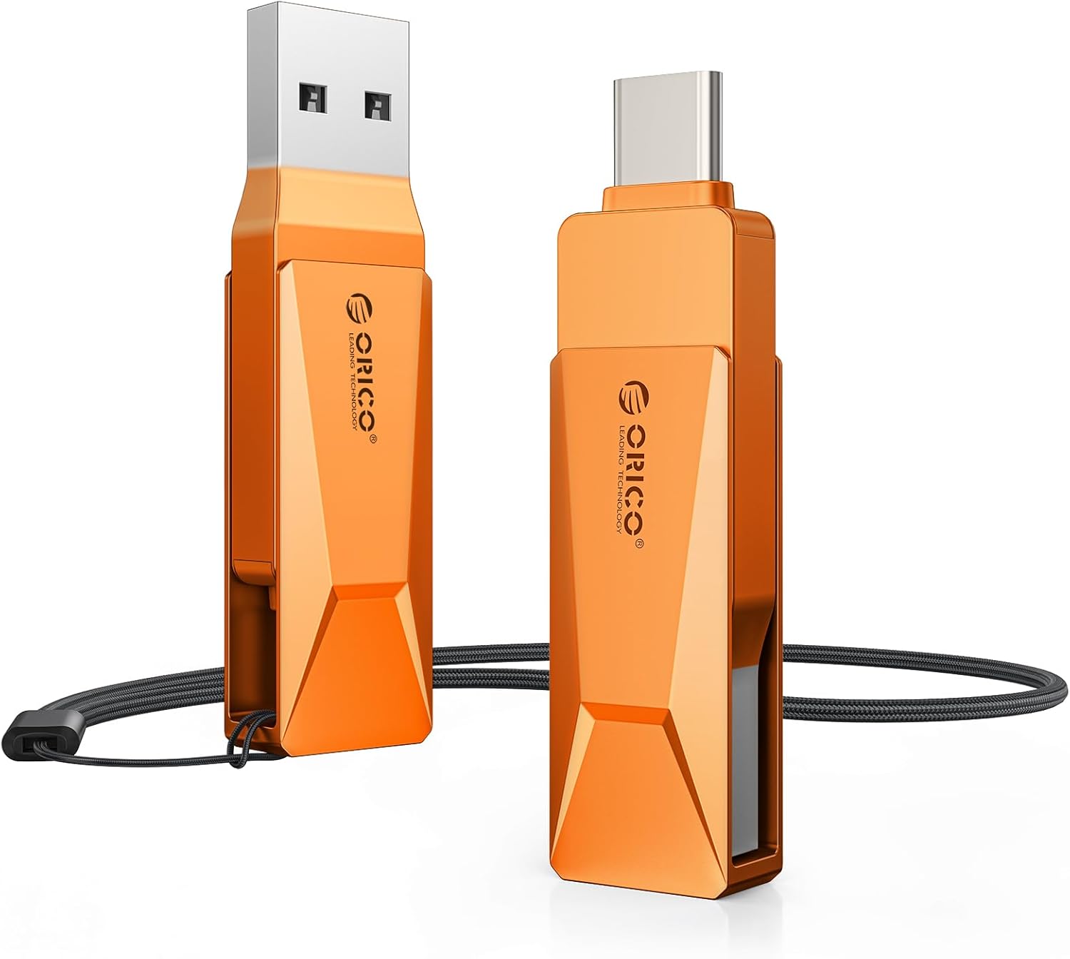 ORICO USB Stick 128GB CB05 – Dual USB-C/USB-A, USB 3.2 Gen1, 150 MB/s, Zinkgehäuse, 360° Drehverschluss, Orange