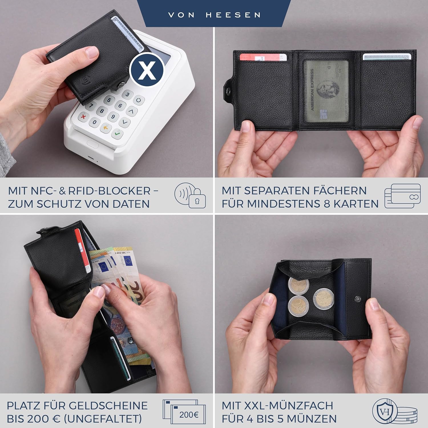 Thumbnail 1 de VON HEESEN Slim Wallet mit XXL Münzfach & RFID-Schutz – Leder Kartenetui im Schwarz-Design