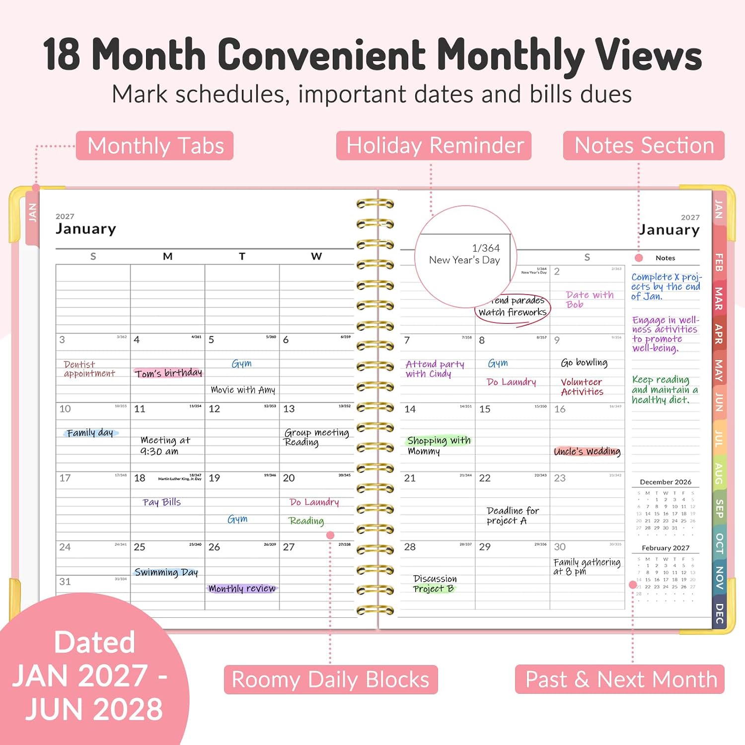 Detalle de Forvencer 2027-2028 Planner, 18-Month Weekly and Monthly, 8.5 x 11-Inch