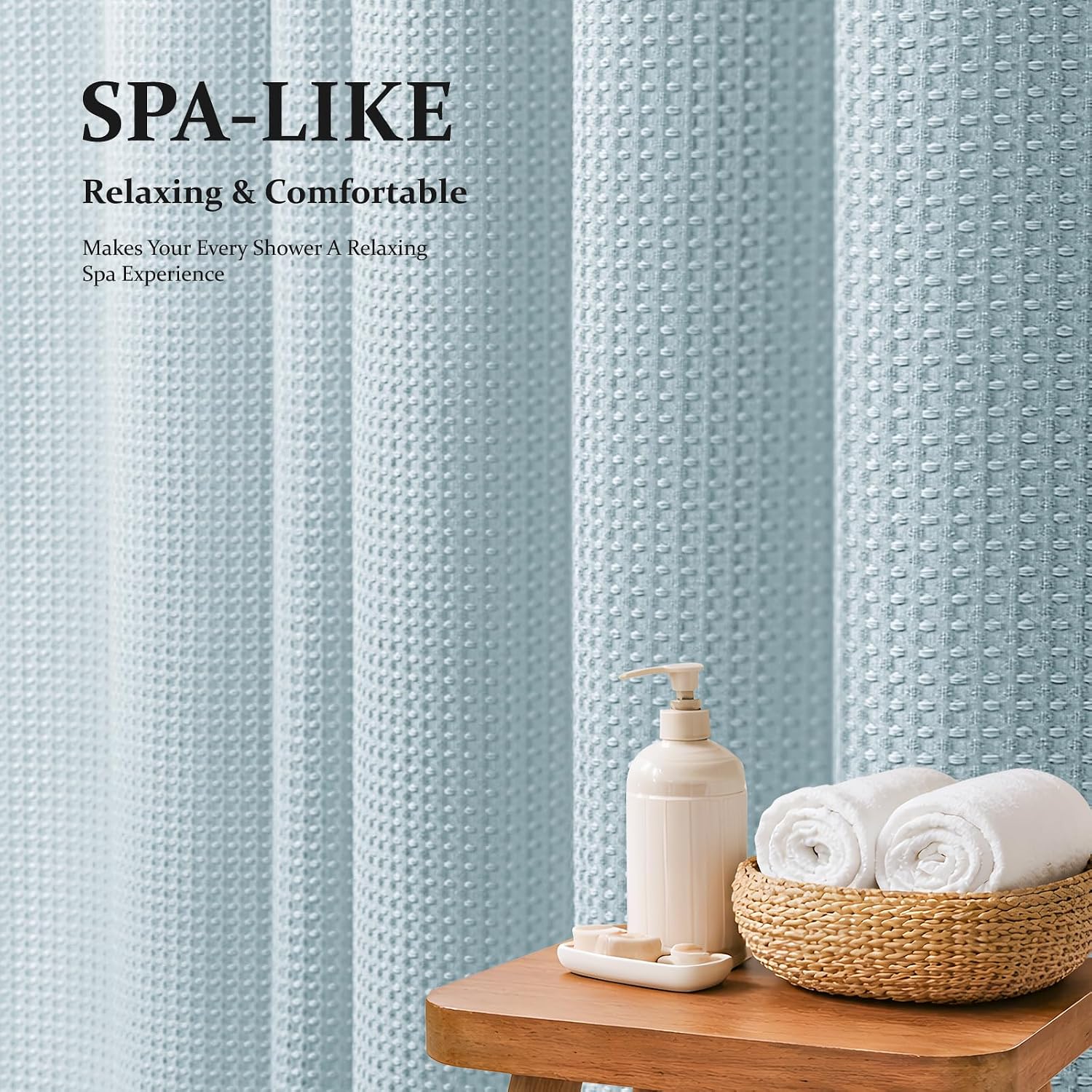 Detalle 2 de Dynamene Fog Blue Waffle-Weave Fabric Shower Curtain, 256 GSM, Weighted Hem