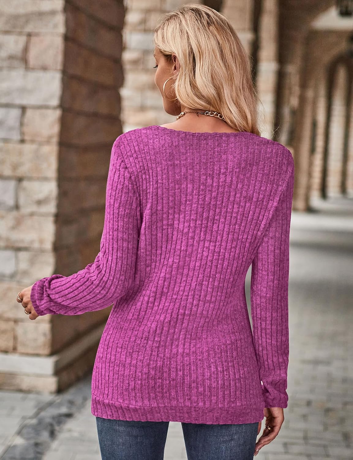 Detalle de Gemulate women’s long sleeve V-neck zip jumper top – lightweight knit striped sweater