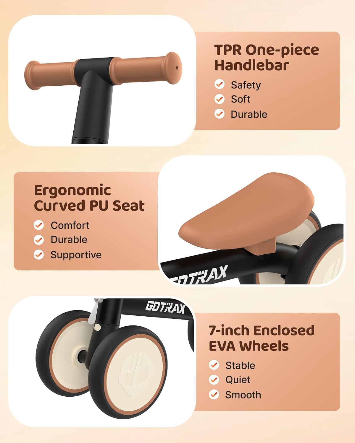 Detalle 2 de Gotrax Baby Balance Bike (1–2 Years) with 7" Silent Wheels, Soft Seat & Quick 2-Min Assembly (Black)