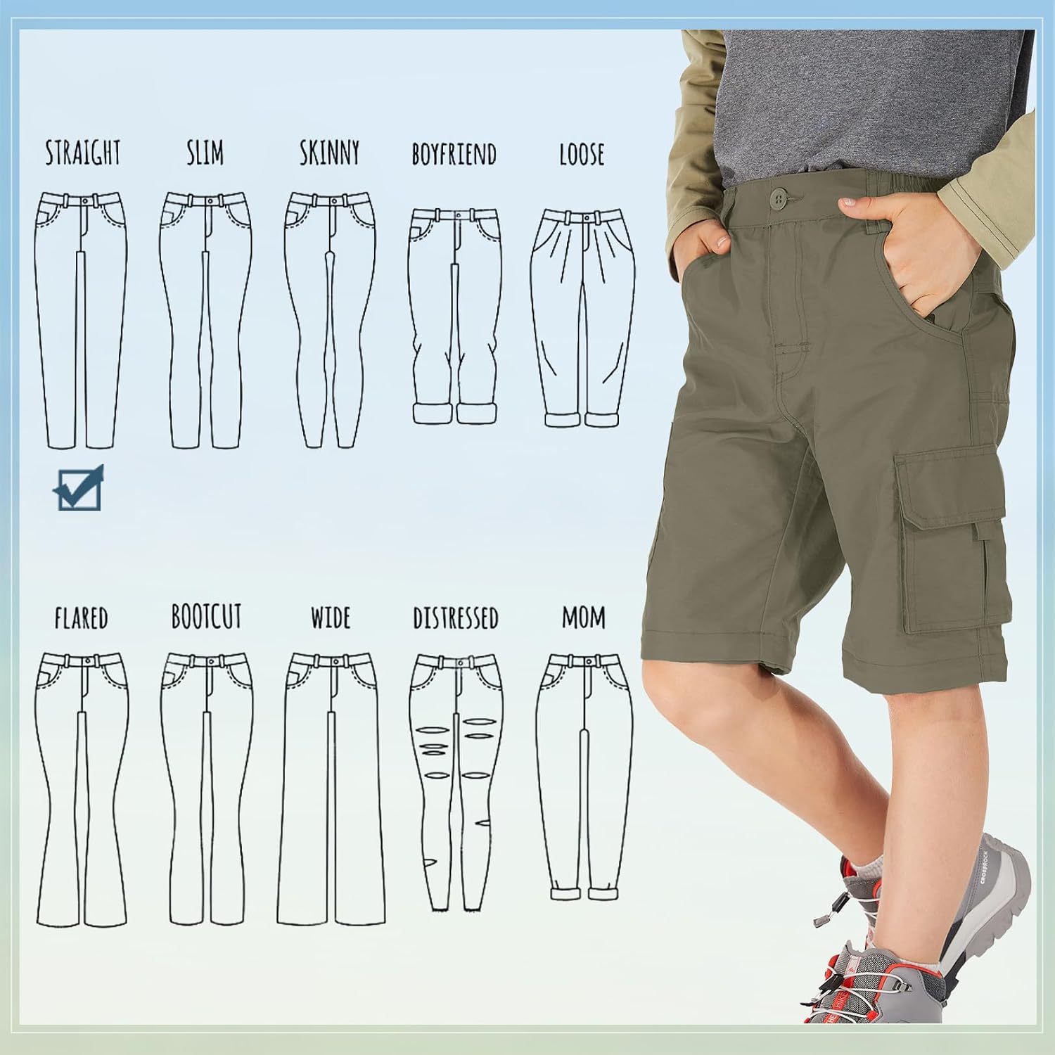 Detalle 2 de linlon Convertible Hiking Cargo Pants for Kids, UPF 50+ Quick-Dry Zip-Off
