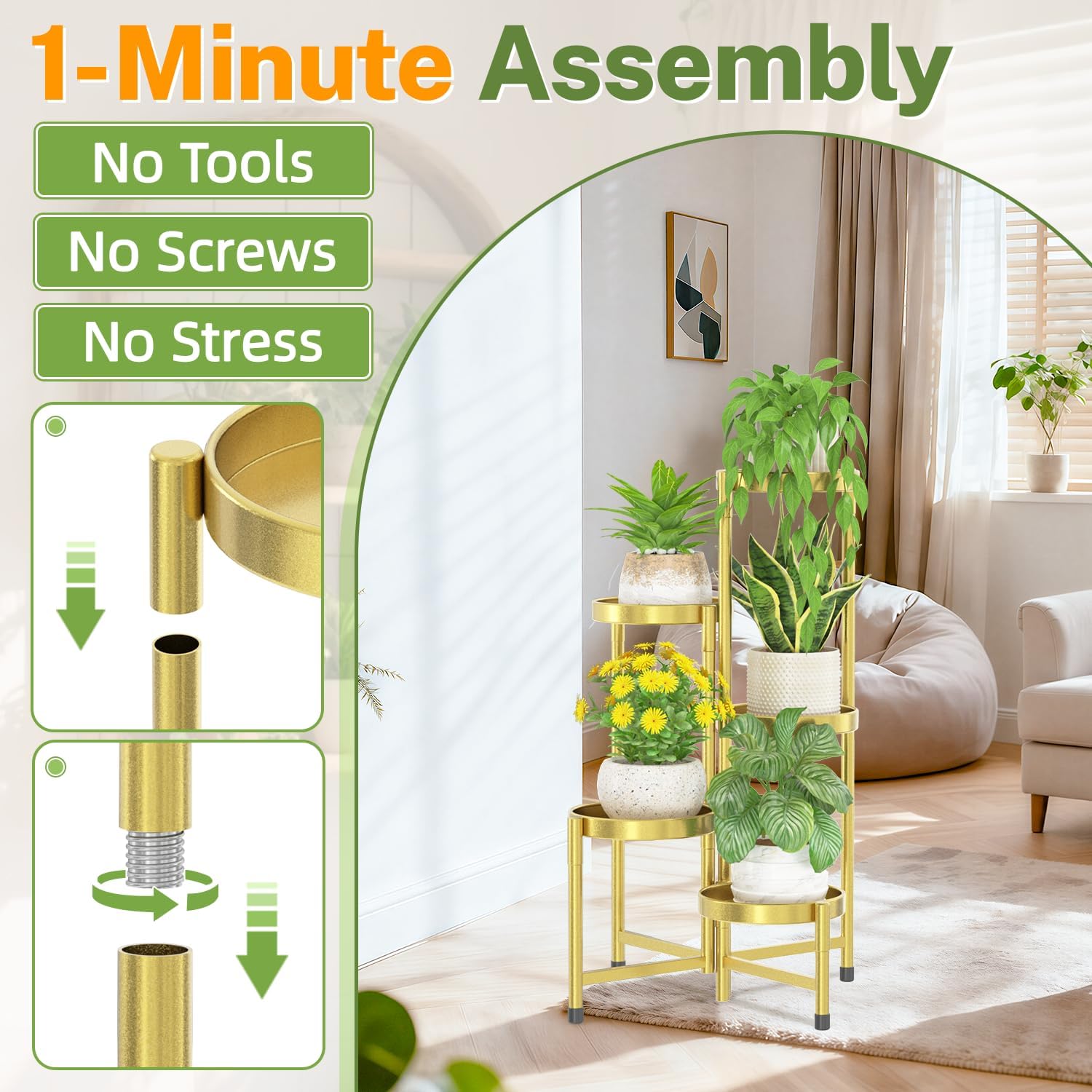 Thumbnail 1 de iDavosic.ly 5-Tier Metal Plant Stand, Gold, Folding Corner Shelf