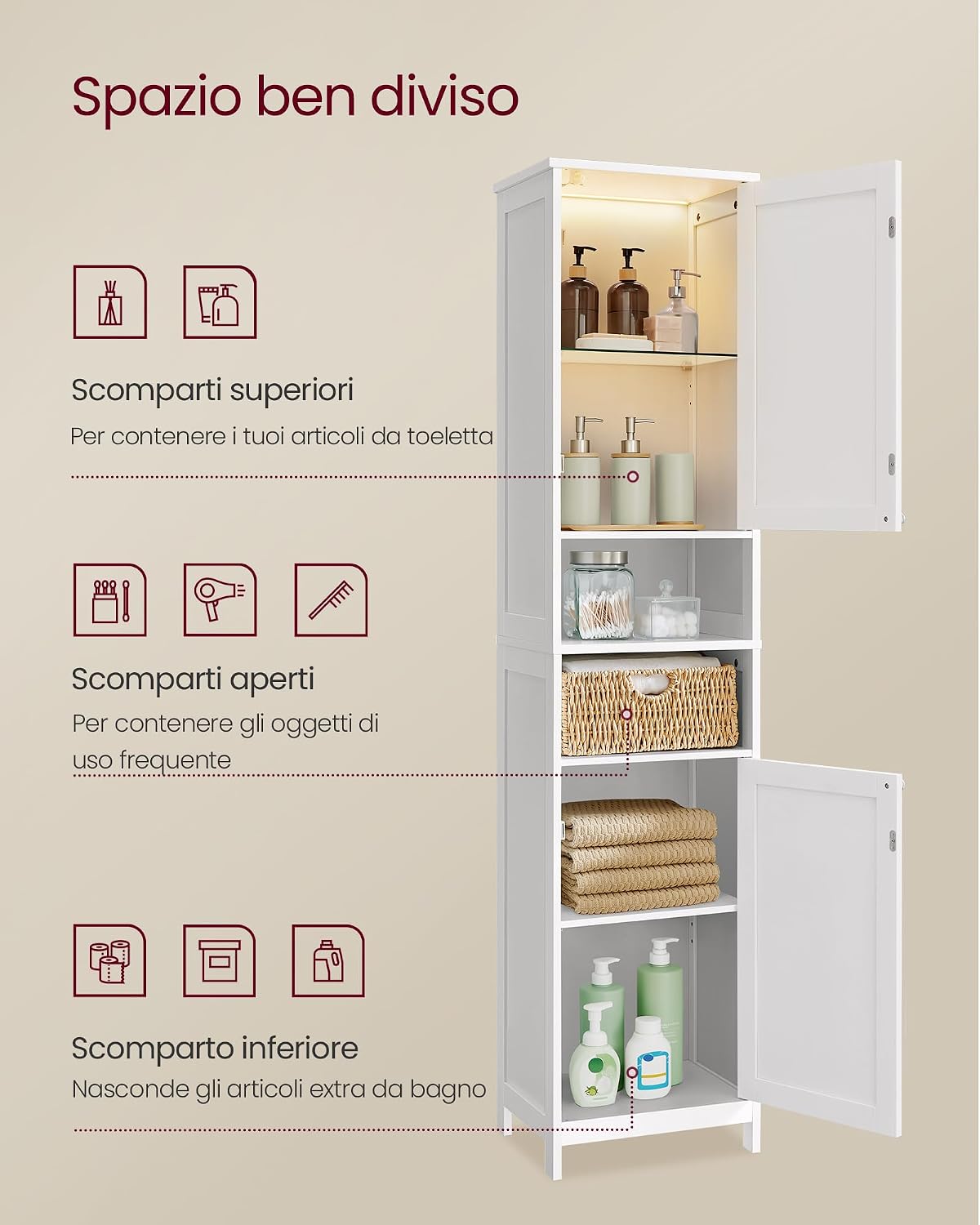 Detalle 2 de VASAGLE Mobile da Bagno con Luce BBC766WH03 — Mobiletto salvaspazio con ripiani regolabili