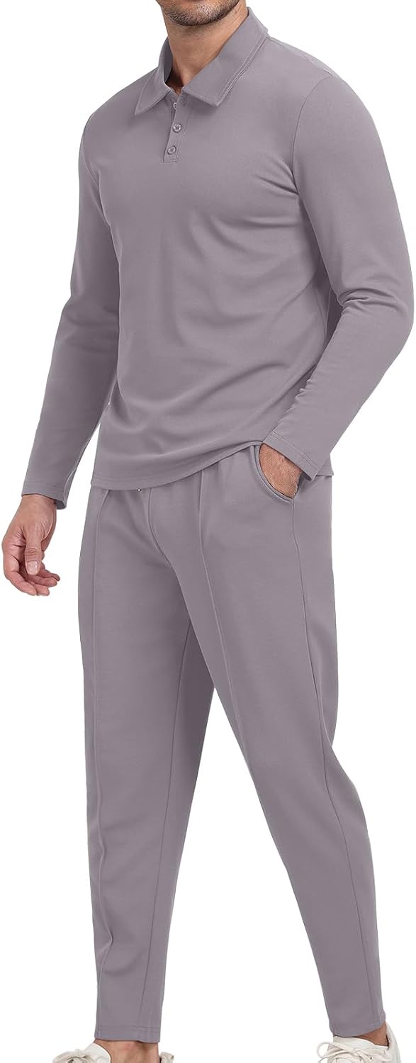 Detalle de KUYIGO Men's Tracksuits Polo 2 Piece Outfit – Polo neck, waffle knit, 2-piece tracksuit