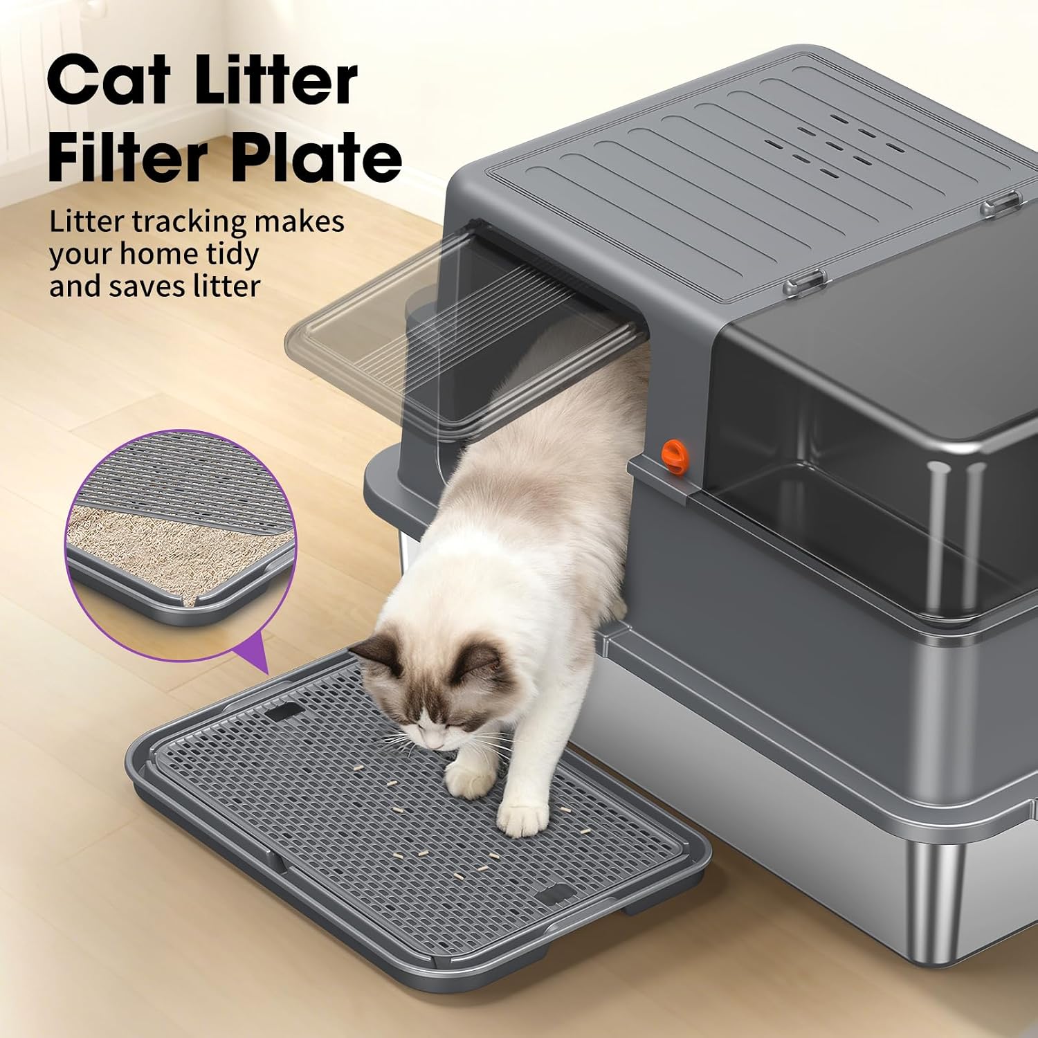 Detalle 2 de XXXL Stainless Steel Cat Litter Box – Extra Large Open High-Sided Tray with Semi-Transparent Panels