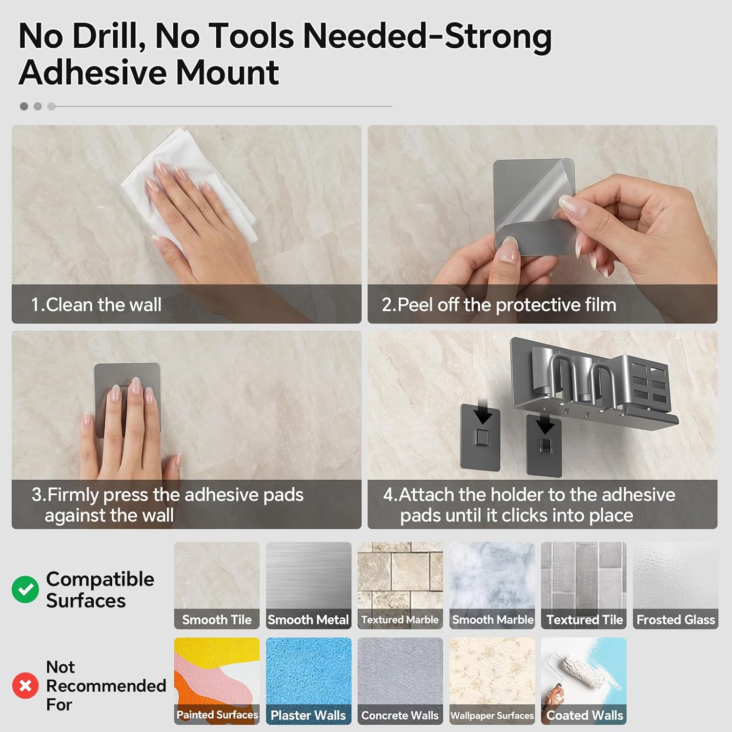 Thumbnail 6 de KEXIBO Support mural pour brosse à dents électrique sans perçage — aluminium gris, porte-gobelets inversés et rangement rasoir