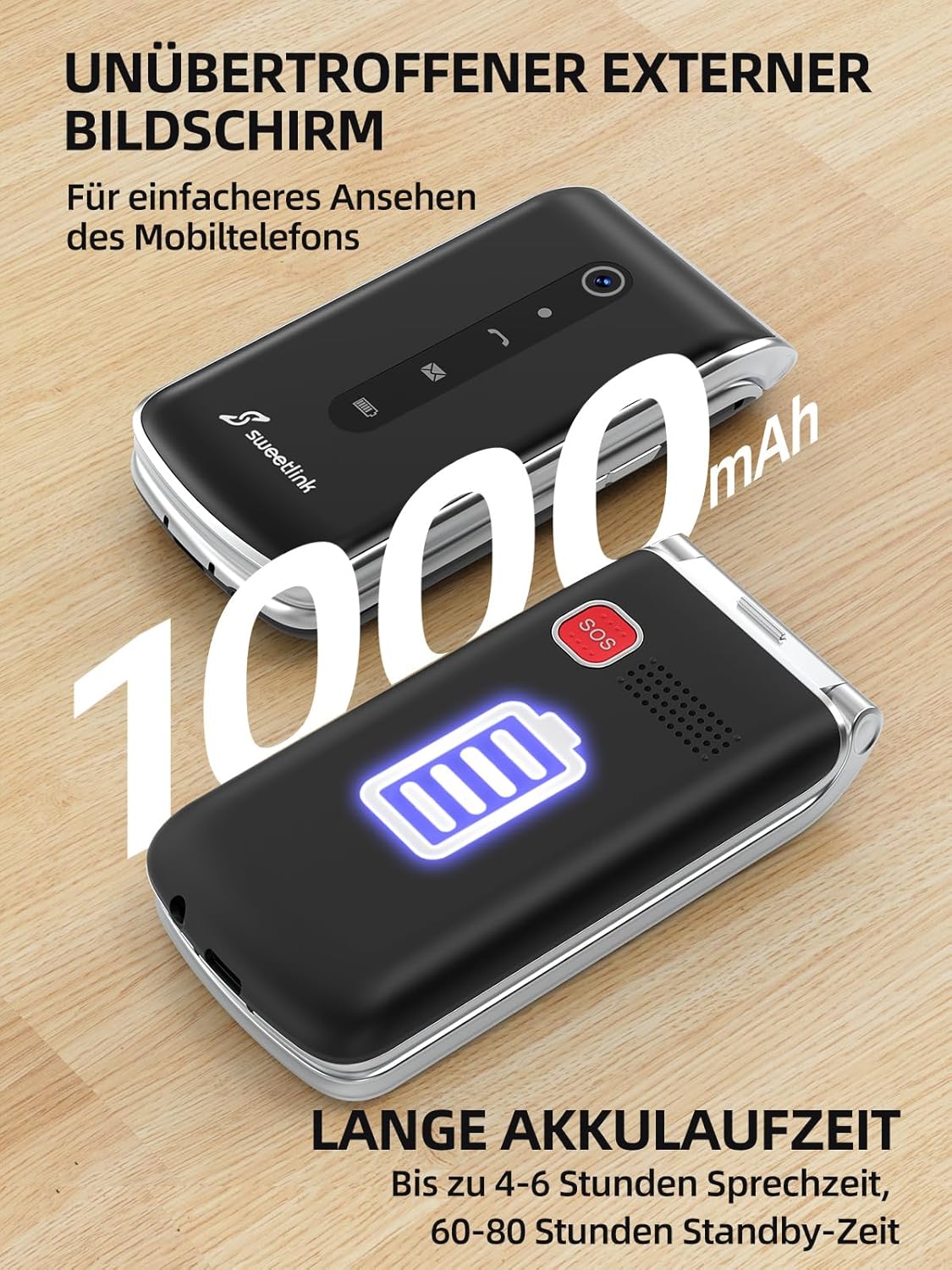 Thumbnail 2 de SweetLink F1 – Seniorenhandy Klapphandy ohne Vertrag mit Großtasten, 1000 mAh Akku und SOS-Taste