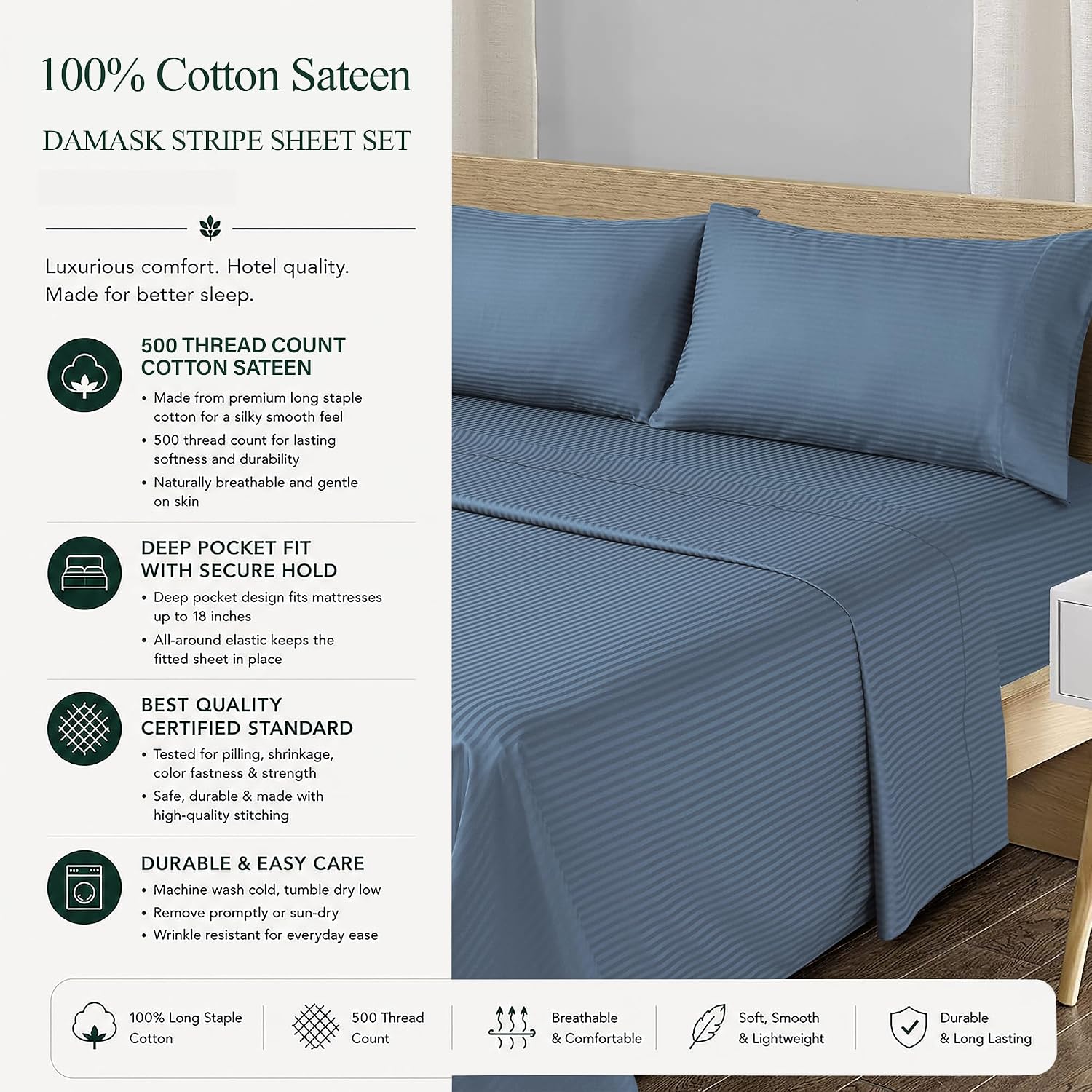 Detalle de Feather & Stitch 500 TC Queen Cotton Sateen Sheet Set, Blue Stripe