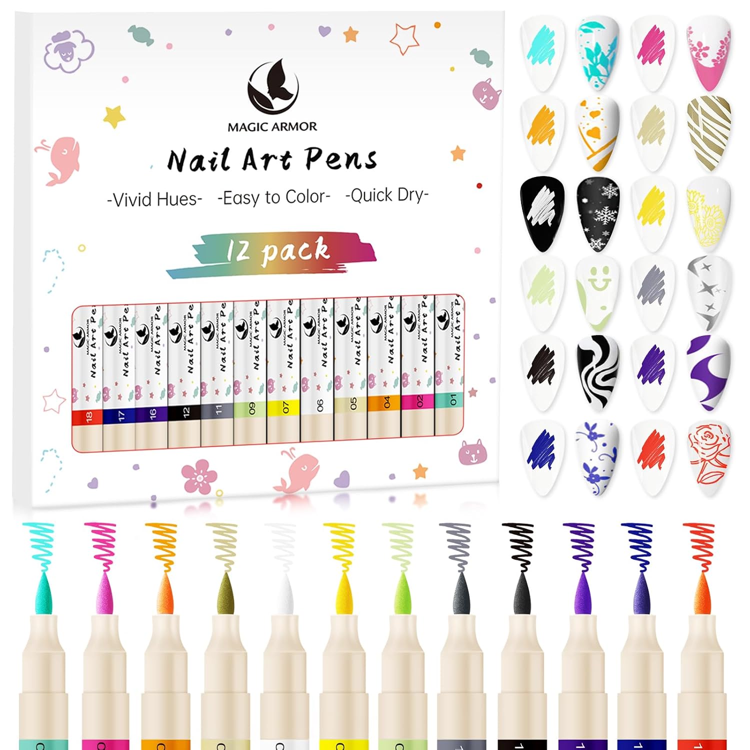 Detalle de 12 Farben Nagelkunst Stift-Set für DIY Nail Art – Graffiti- & Malstifte Marker mit Liner & Punktierstift (12-teilig)