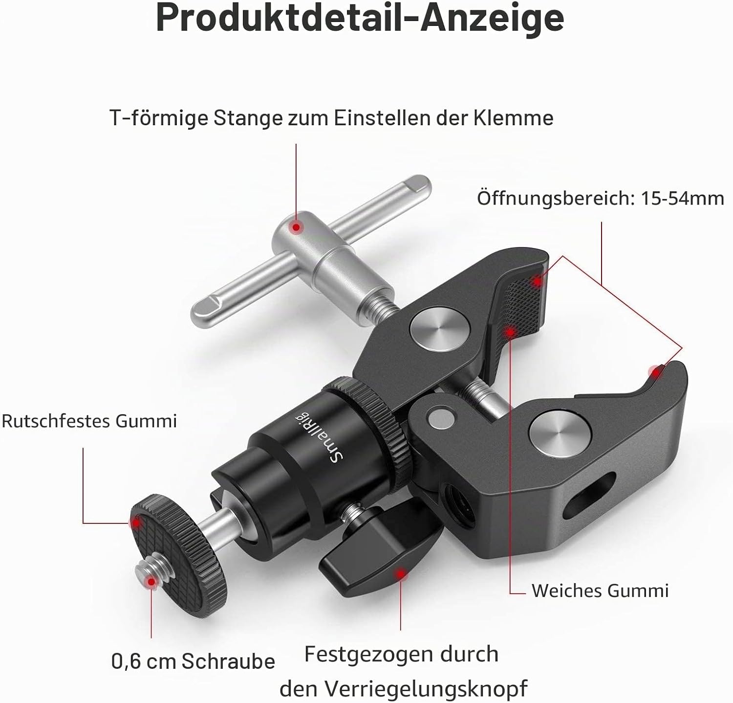 Detalle de SmallRig Super Clamp Mount mit Mini-Kugelkopfhalterung und Blitzschuhadapter (1/4-Zoll) für Monitor/LED/Blitz/Mikrofone