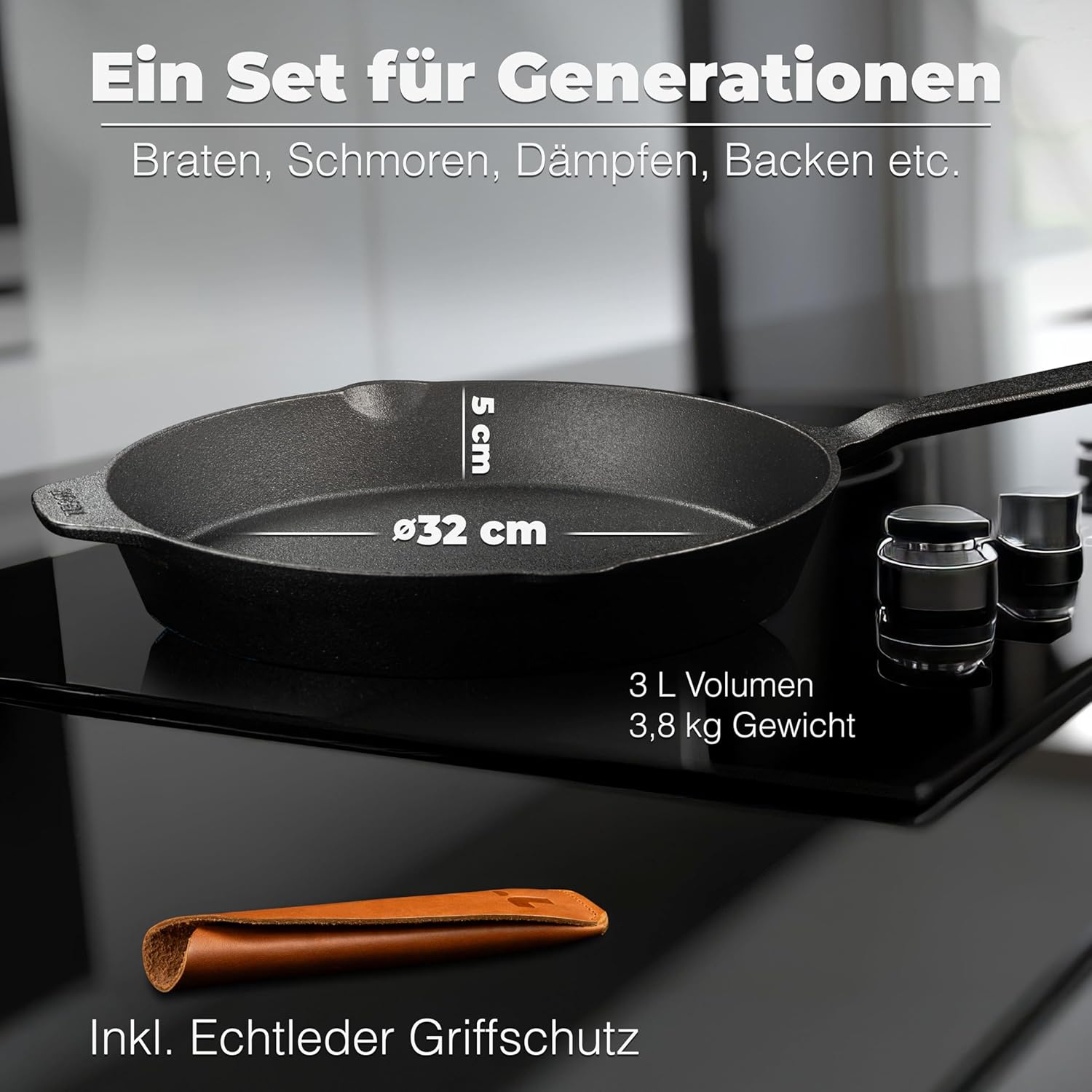 Thumbnail 3 de TECOR Gusseisenpfanne für Induktion, 32 cm (ungeschliffen) – natürliches Antihaft-Kochen ohne Beschichtung