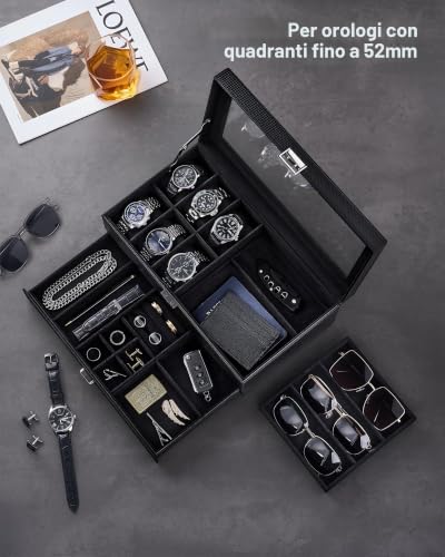 Detalle 2 de ProCase scatola portagioie da uomo a 2 livelli, 6 orologi e 3 paia di occhiali