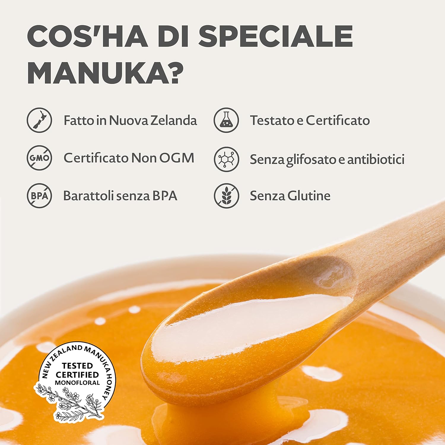 Detalle de NaturalePiù Miele di Manuka 100+ MGO 250 g: puro, grezzo e Testato in Laboratorio