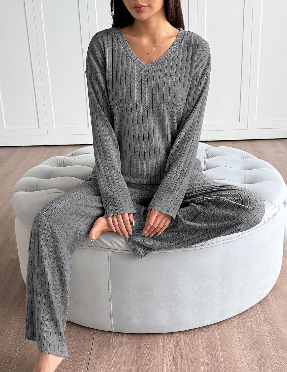 Detalle de Ekouaer Ensemble Pyjama Femme Hiver Chaud en Maille Côtelée - Lounge Set 2 pièces