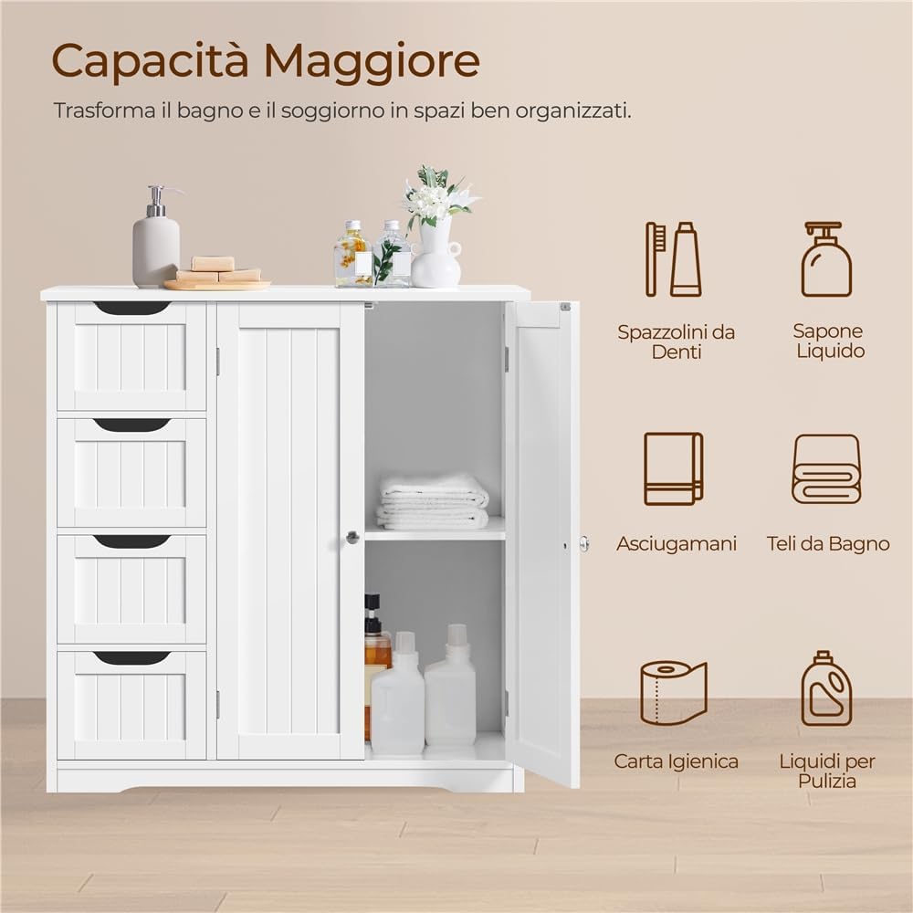 Thumbnail 5 de Yaheetech Mobile da Bagno con 4 Cassetti e Armadietto Bianco – 81 x 30 x 83 cm
