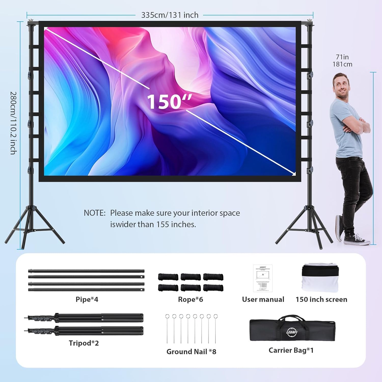 Detalle de LEORFI Beamer Leinwand mit Stativ 180 Zoll (16:9) – tragbar für Outdoor & Heimkino
