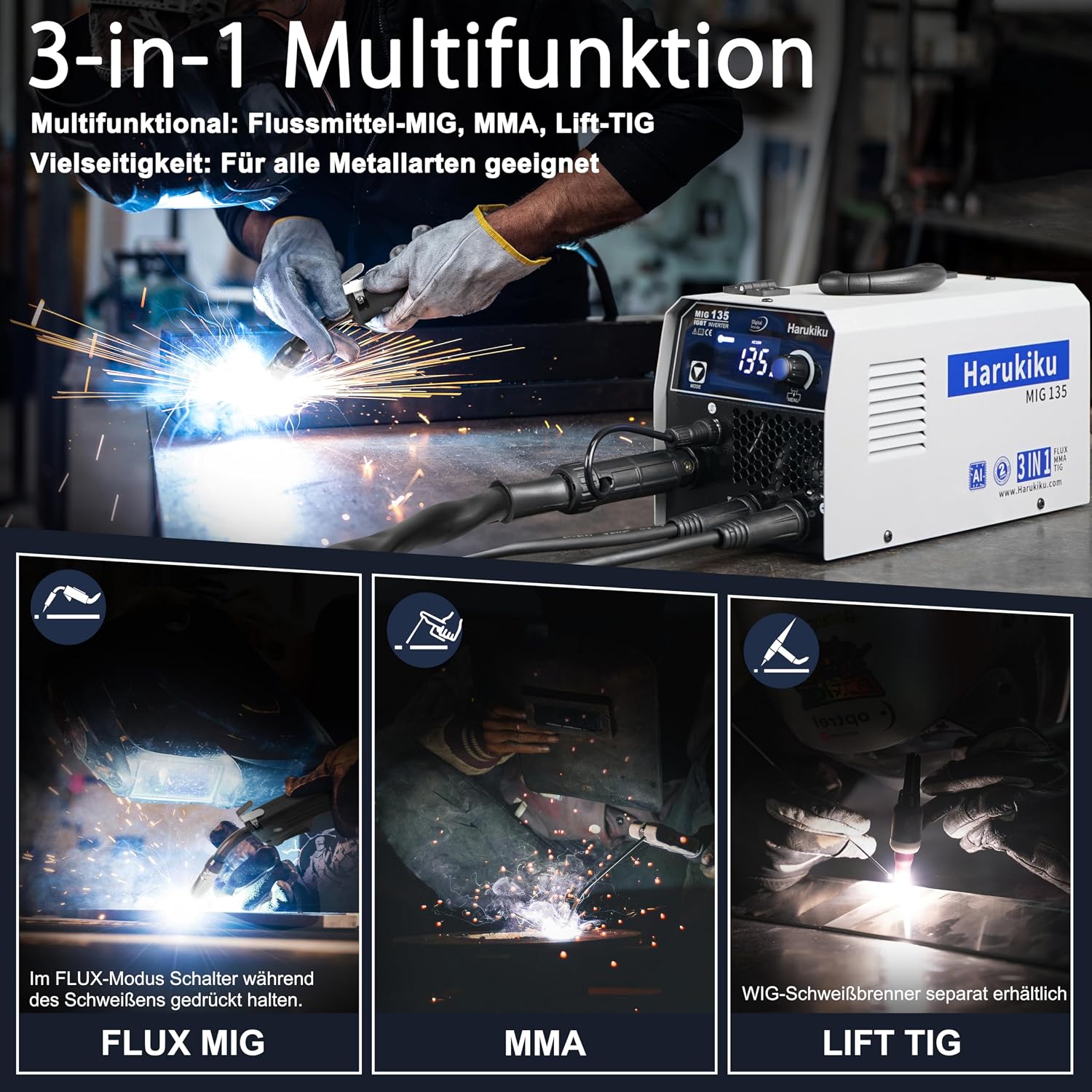 Thumbnail 3 de Harukiku135A Fülldraht-Schweißgerät 3-in-1 (Flux MIG/ARC, MMA, Lift-WIG) mit synergischem Drahtvorschub
