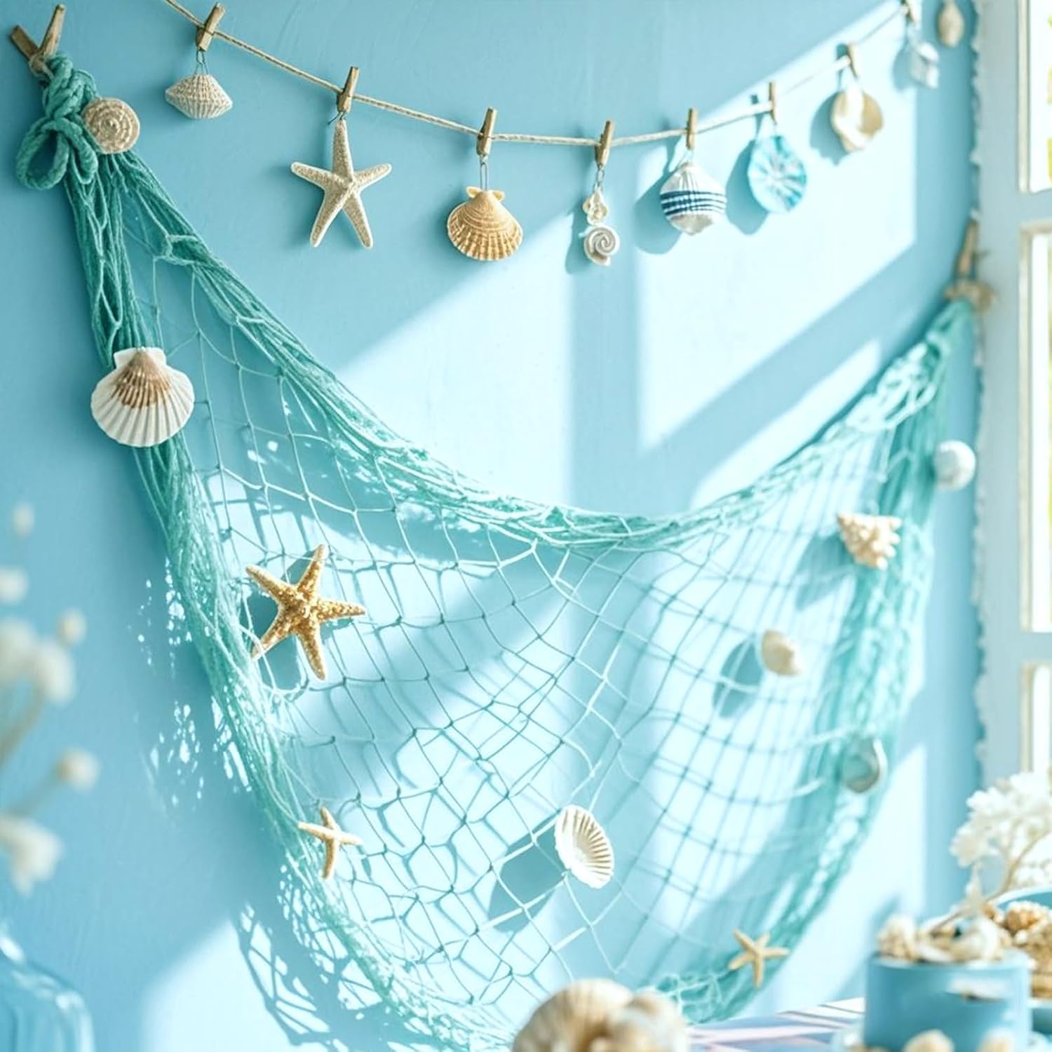 Thumbnail 3 de 2 Pack Natural Cotton Fish Net Decorations for Party – Nautical Hawaiian Backdrop & Table Decor