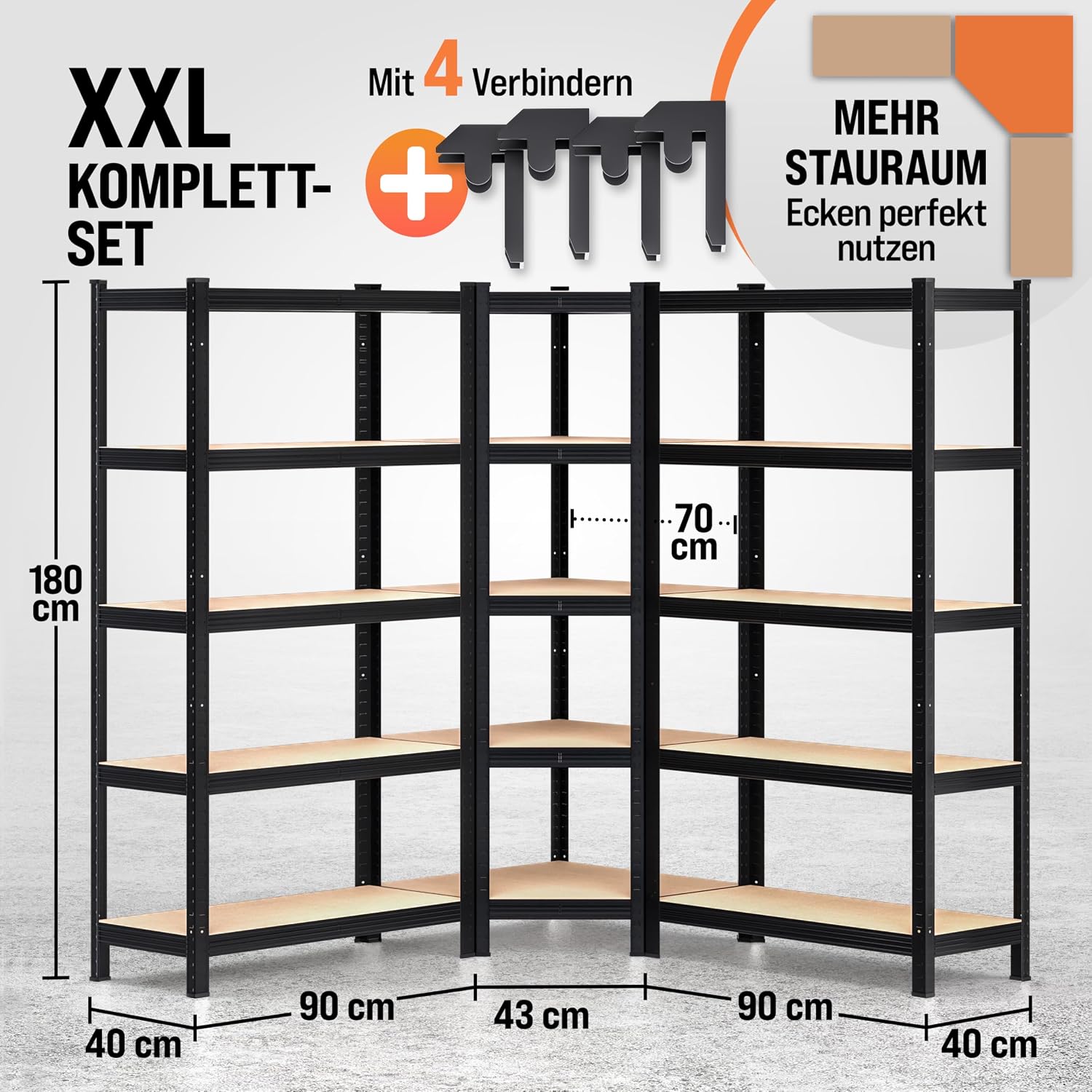 Thumbnail 2 de Monzana 3er Set Schwerlastregal Eckregal (2625 kg) mit MDF-Platten, schwarz – modular & steckbar
