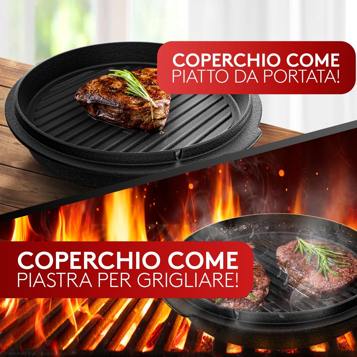 Thumbnail 2 de Taste of Fire [L'Originale] Set Pentola Olandese in Ghisa 7,4 L con Coperchio 1,8 L e Doppia Funzione