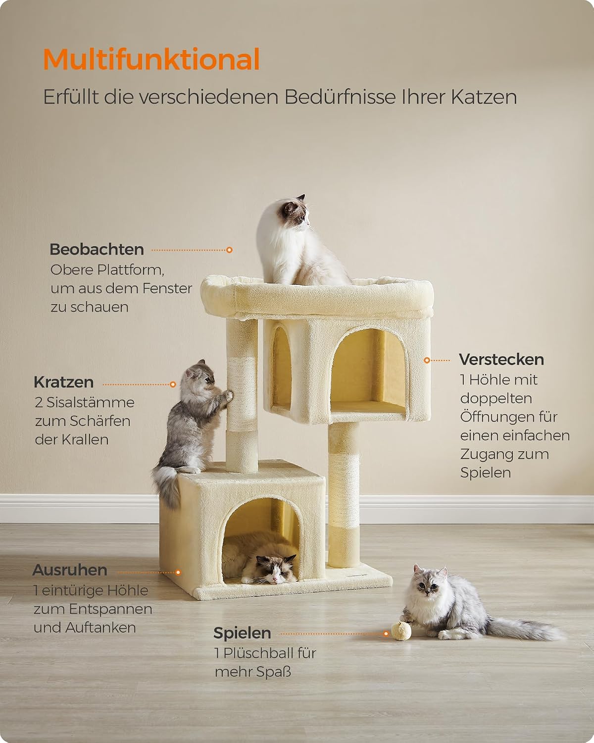 Detalle de Feandrea Kratzbaum PCT614M01 (101 cm) XL – Katzenhaus mit großer Plattform, 2 Höhlen & Sisalstämmen