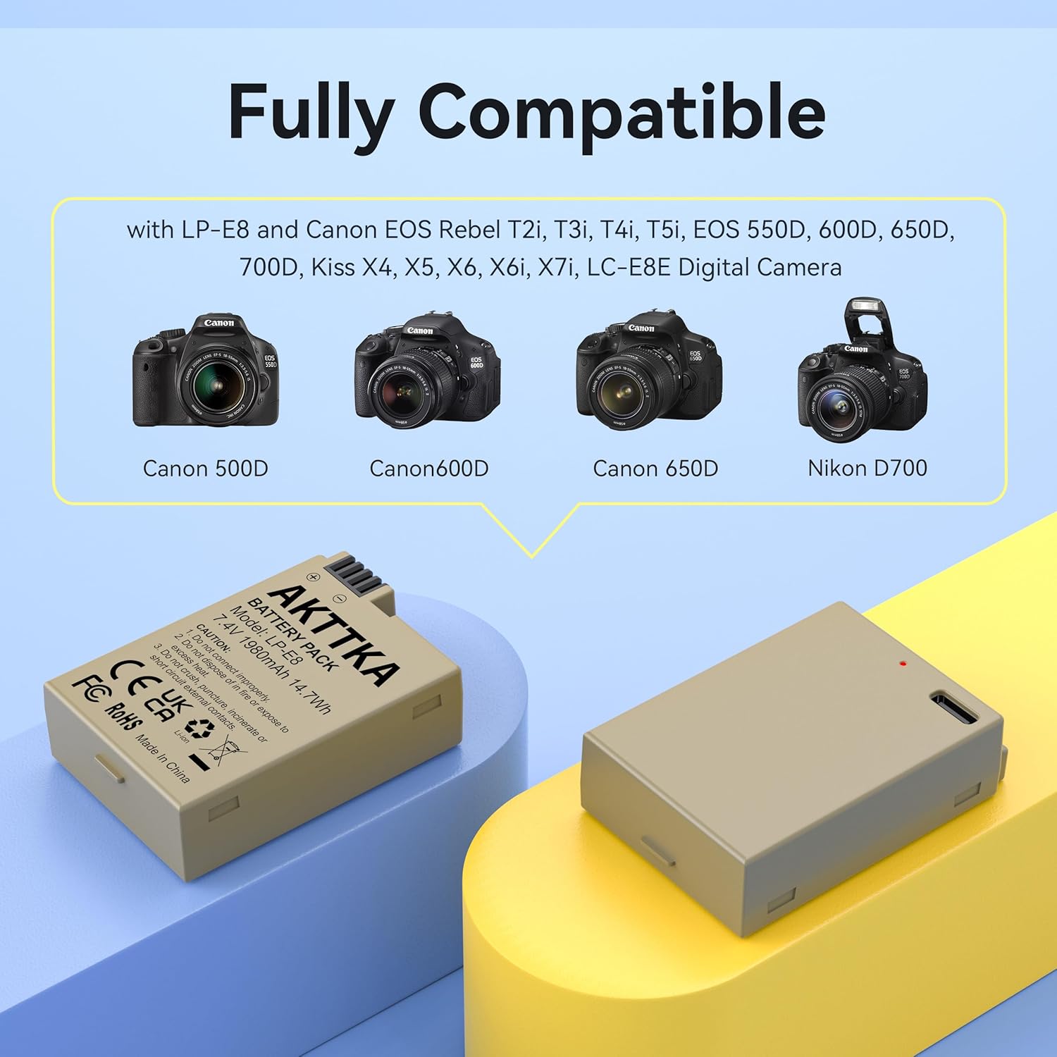 Thumbnail 1 de AKTTKA LP-E8 Akku 2er-Pack (1980mAh) mit 2-in-1 USB-C Ladekabel – kompatibel mit Canon EOS Rebel T2i/T3i/T4i/T5i, Kiss X4/X5/X6i/X7i, EOS 550D/600D/650D/700D