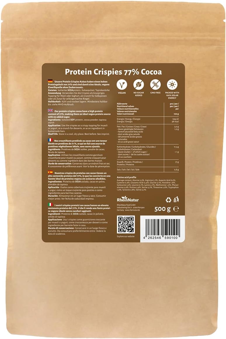 Detalle de RheinNatur soja-eiwitchips met cacao, 77% eiwit, 500 g