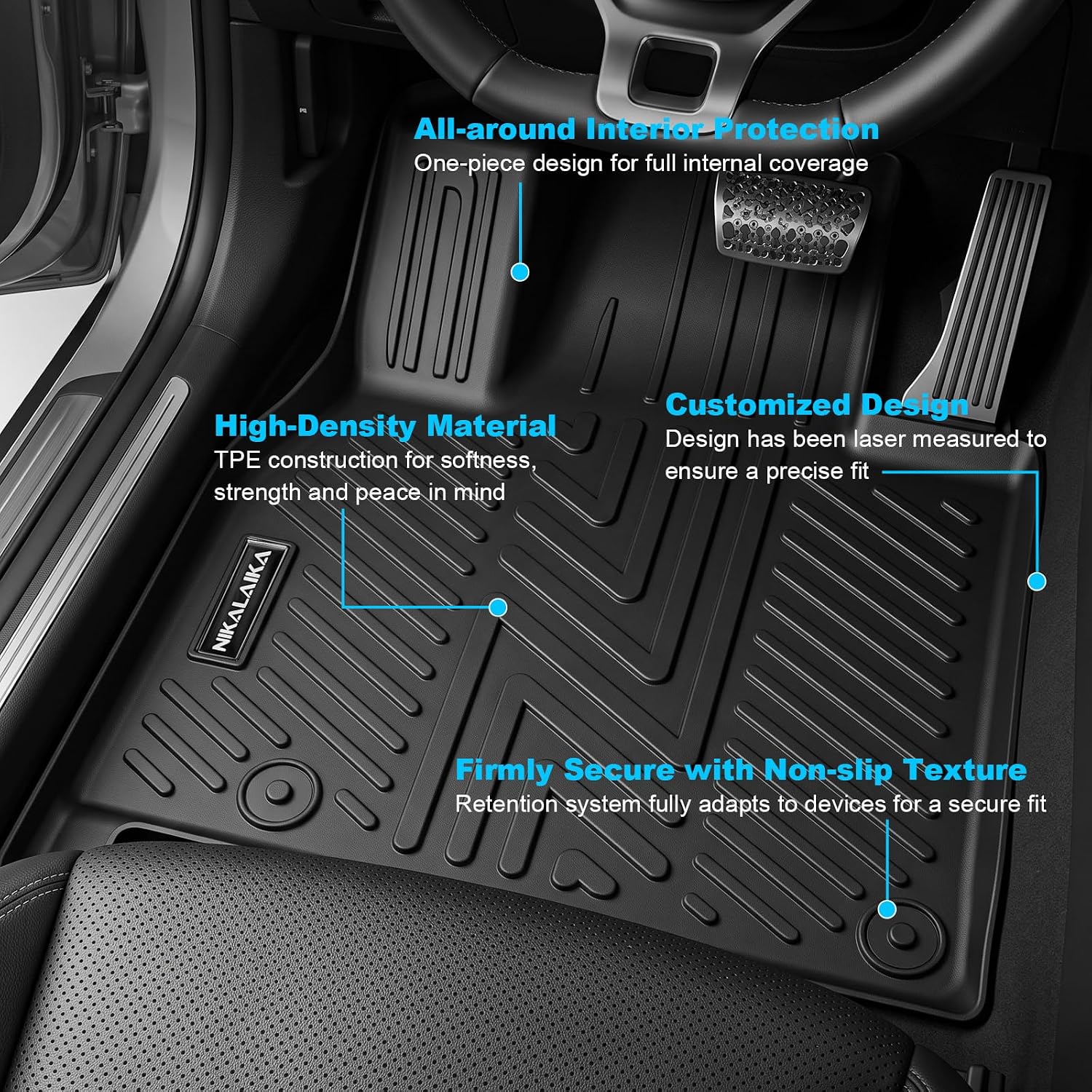 Detalle de NIKALAIKA Kia Telluride Custom Floor Mats, 2020–2025, 6-Piece TPE Set