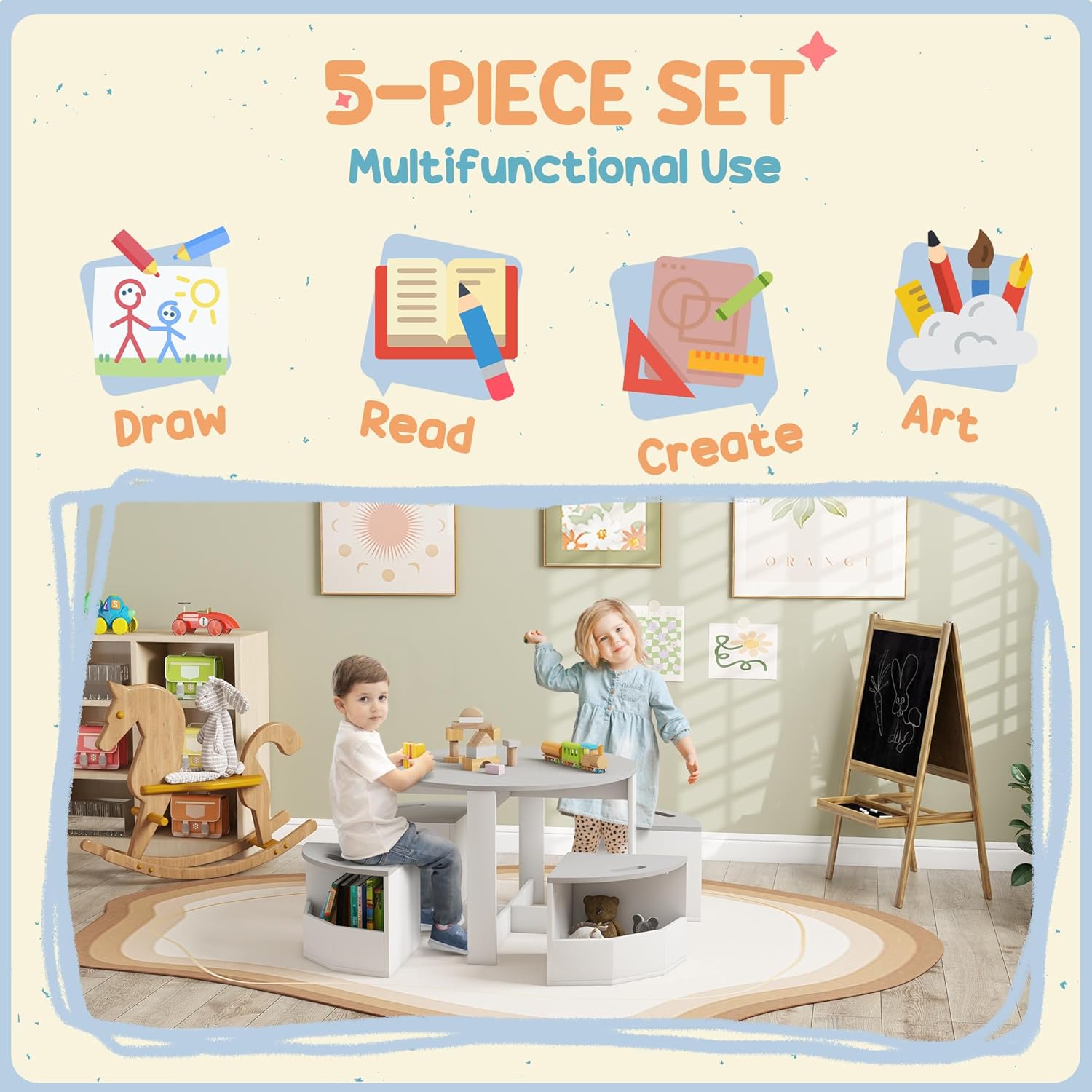 Thumbnail 2 de AIYAPLAY Kids Table and Chairs Set (Five-Piece) with Under-Seat Storage – Grey