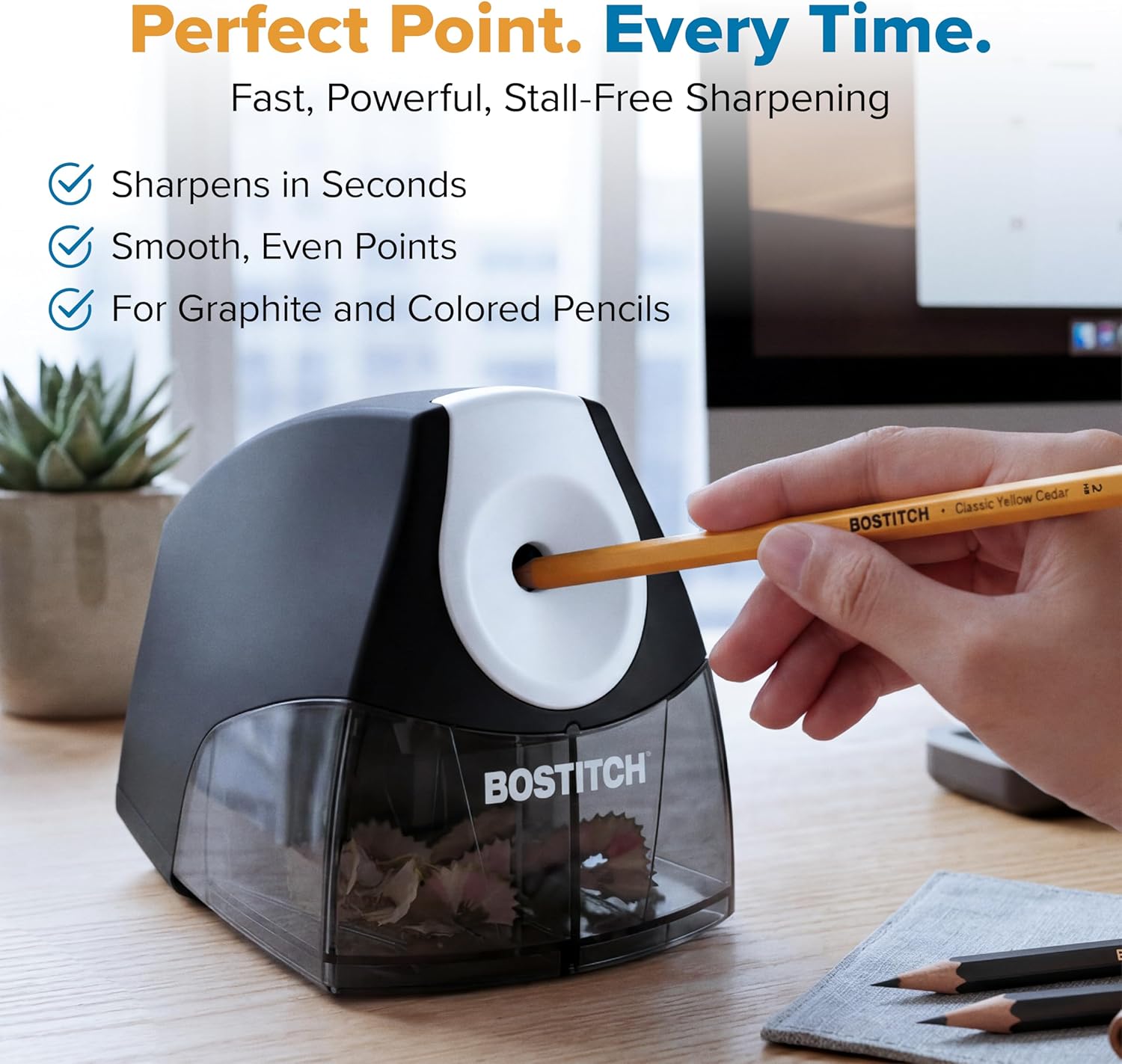 Detalle 2 de Bostitch Office Electric Pencil Sharpener (Heavy Duty, Stall-Free Motor) with High-Capacity Shavings Tray, Black