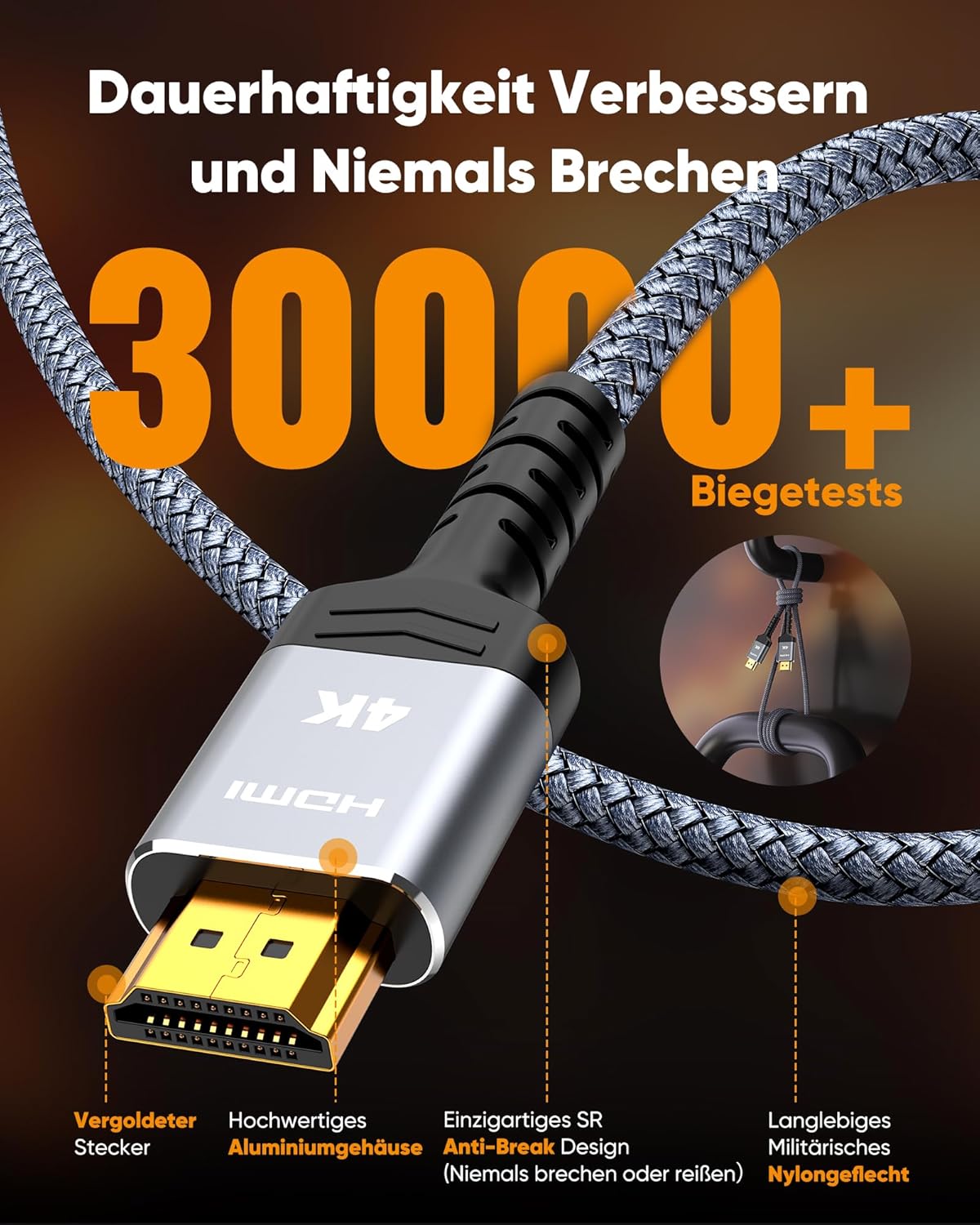Thumbnail 4 de SNOWKIDS 4K HDMI-Kabel (0,5 m) für 4K@60Hz mit Ethernet/Audio Rückkanal und vergoldeten Anschlüssen