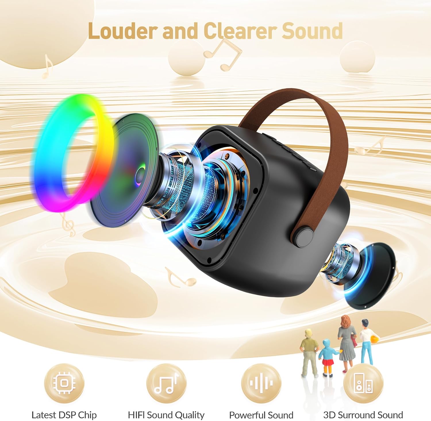 Detalle 2 de BEILIHART Mini Karaoke Machine: Portable Bluetooth Speaker with 2 Wireless Mics, Party Lights