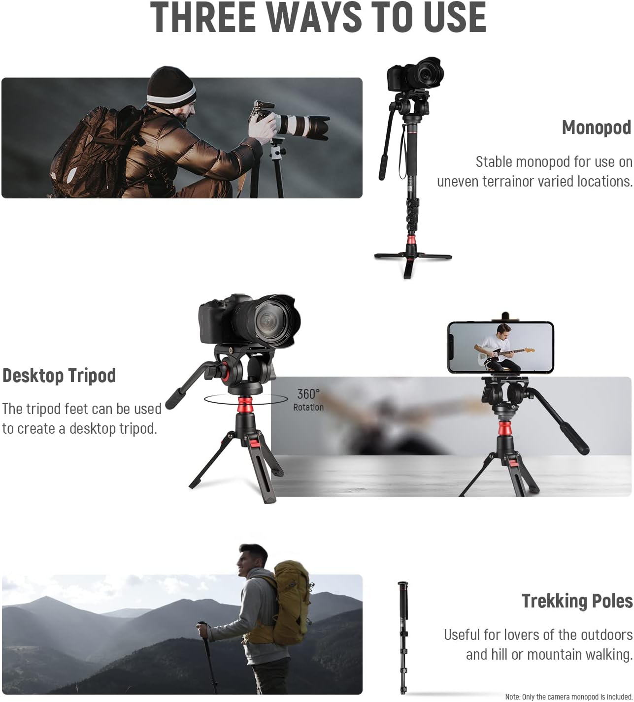 Thumbnail 6 de NEEWER GM76 Professional Camera Monopod with Feet, Fluid Pan Tilt Head & Removable Tripod Base