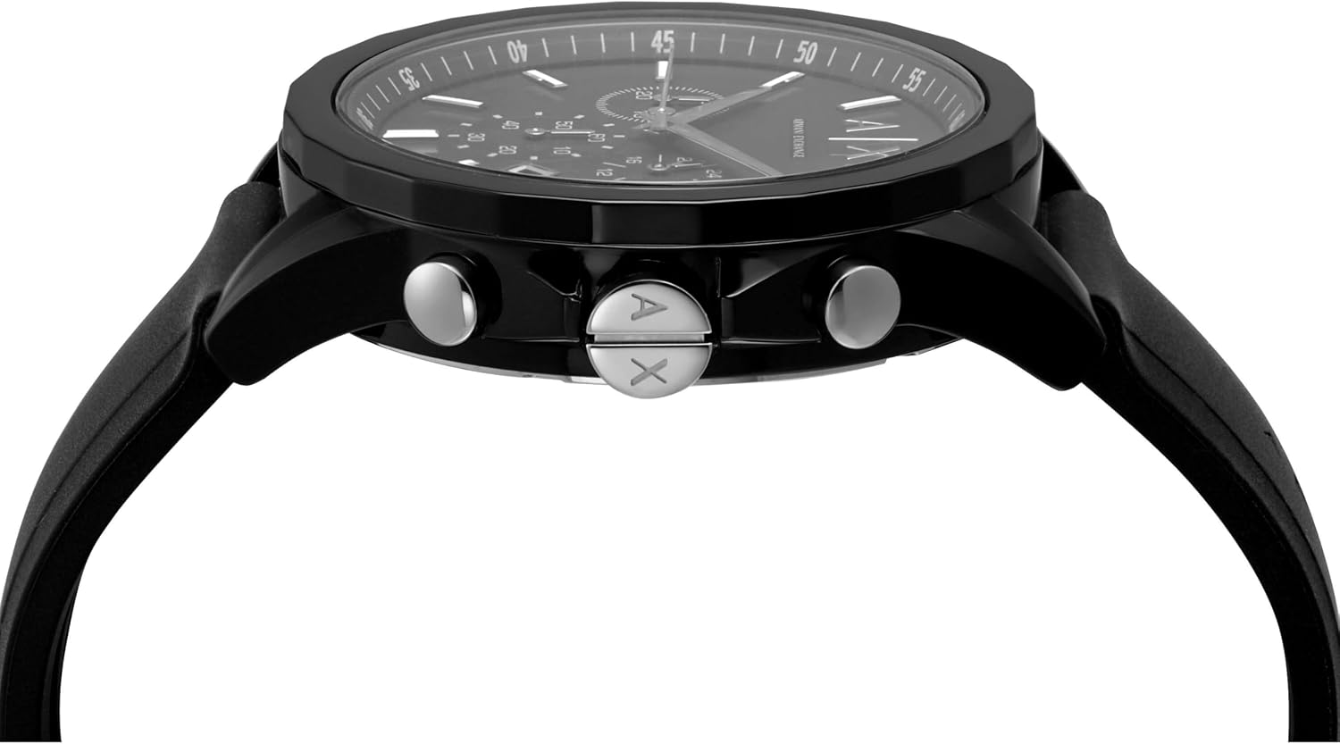 Detalle de Armani Exchange Herrenuhr: Quarz-Chronograph, 44 mm Gehäuse, Silikonarmband