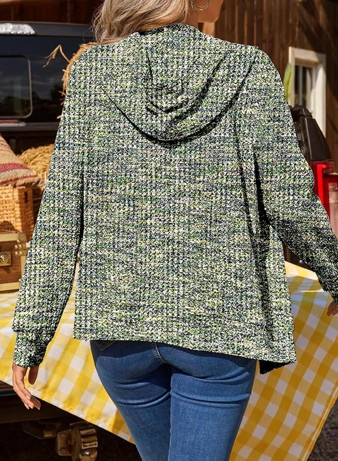 Thumbnail 1 de SHEWIN Oversized Waffle-Knit Zip-Up Hoodie with Two Pockets