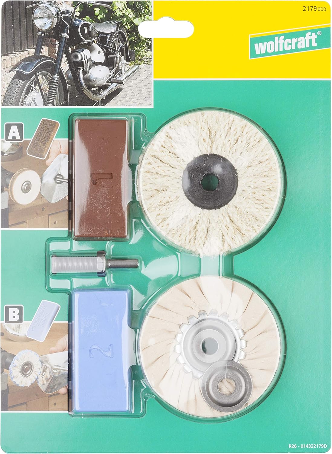 Detalle 2 de Set de polissage professionnel wolfcraft 2179000 : pâtes à polir, axe pilote, brosse sisal et disque coton souple