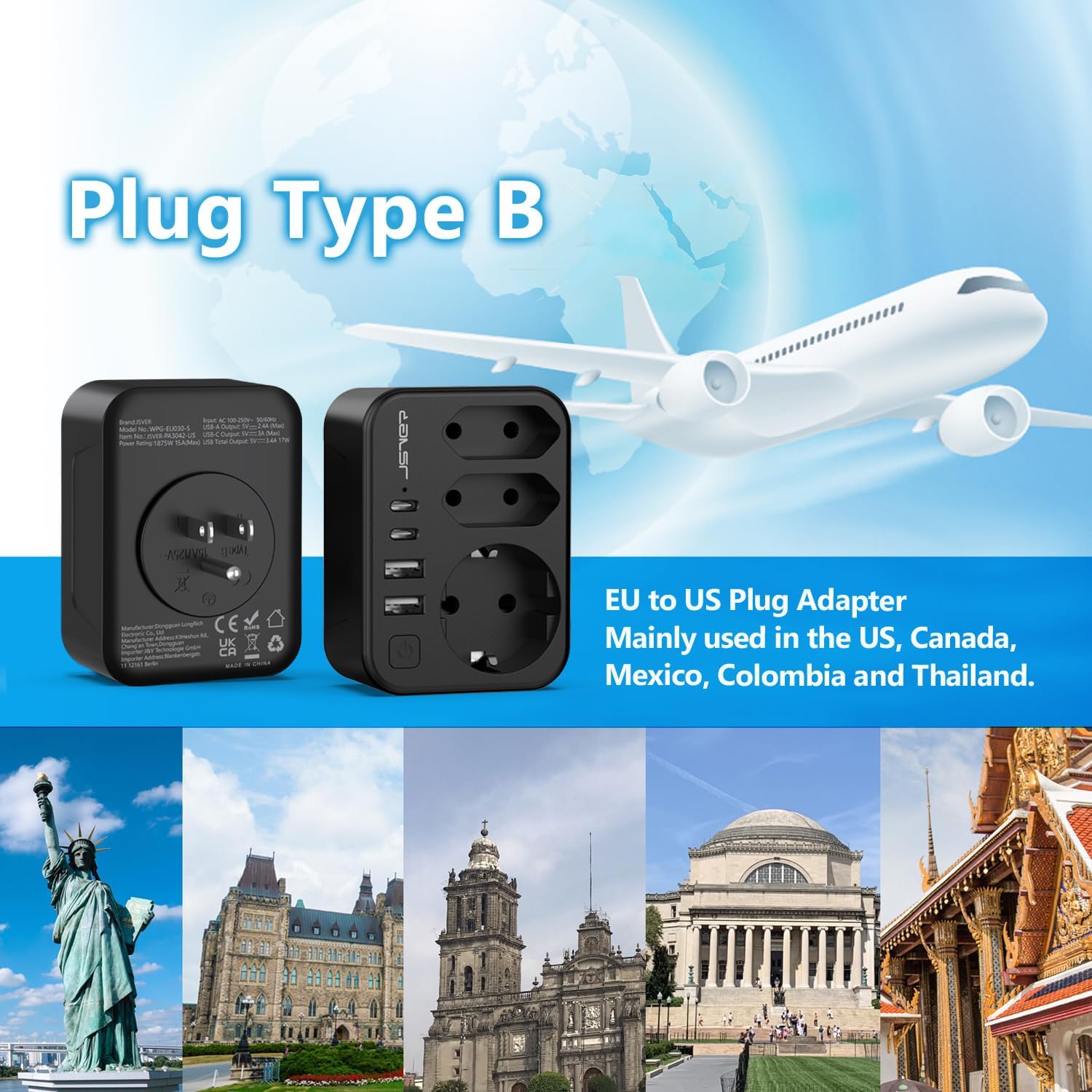 Thumbnail 1 de Adaptateur de voyage JSVER 7 en 1 France vers États-Unis/Canada avec 4 ports USB et 2 prises Type B (noir)