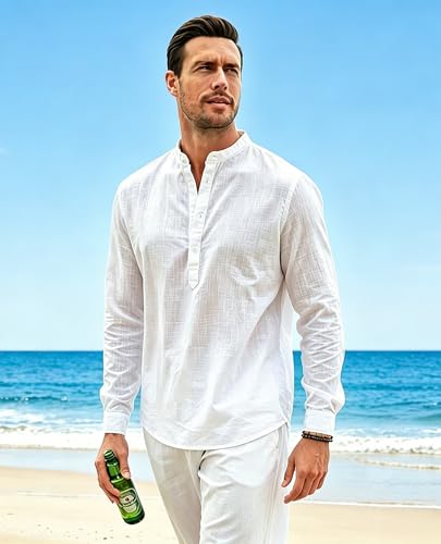 Detalle de Cegerne Camicia in Lino da Uomo a Maniche Lunghe – Estiva, Leggera e Traspirante (Bianco Sporco, Taglia L)
