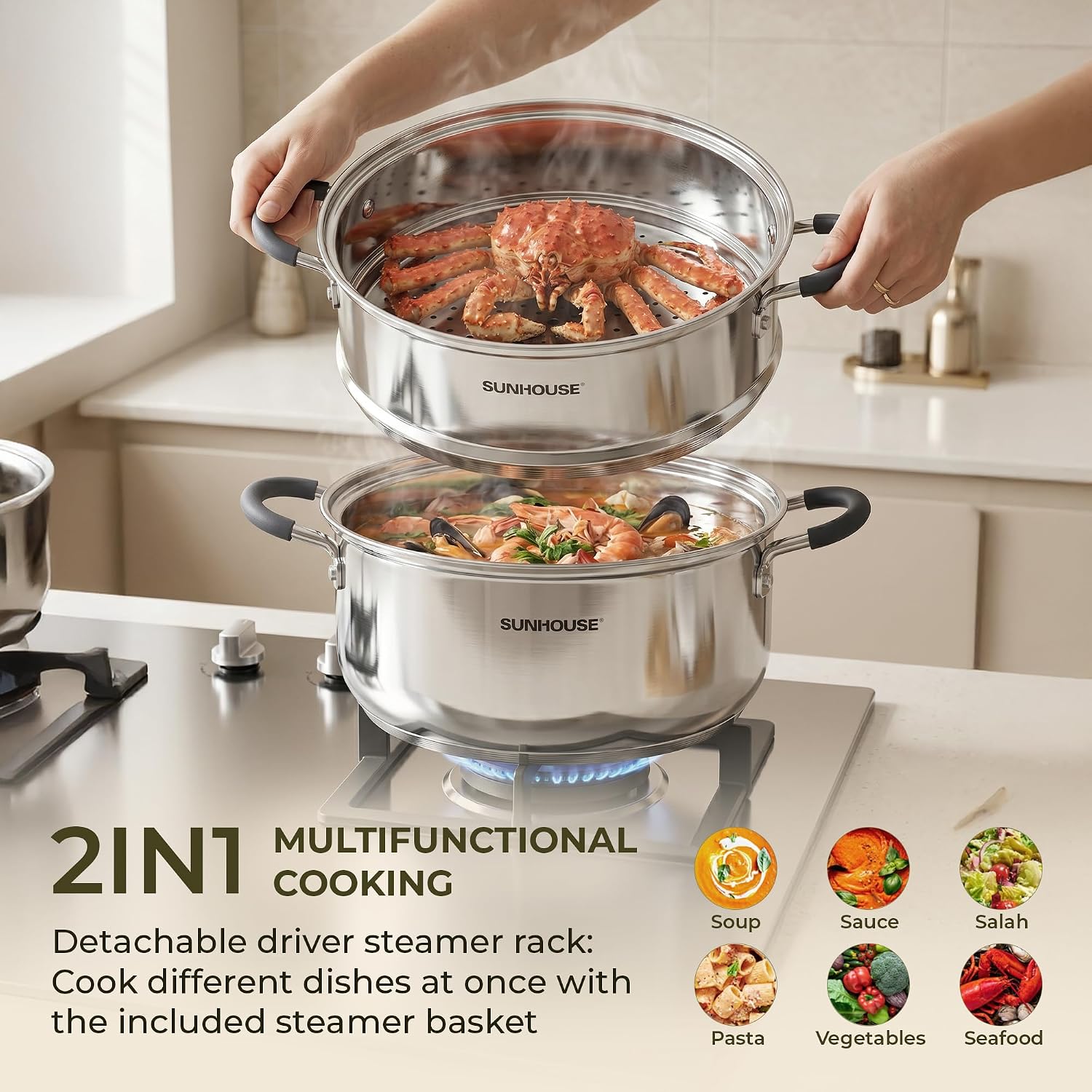 Detalle de SUNHOUSE 3.1 Qt Stainless Steel Steamer Pot with 2-Tier Basket and Glass Lid