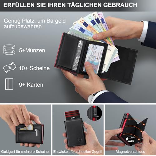 Detalle 2 de TENBST Geldbörse Herren – Edle Slim Wallet mit RFID-Schutz, Rot-Schwarz, Münzfach und Pop-up Pay-Feature