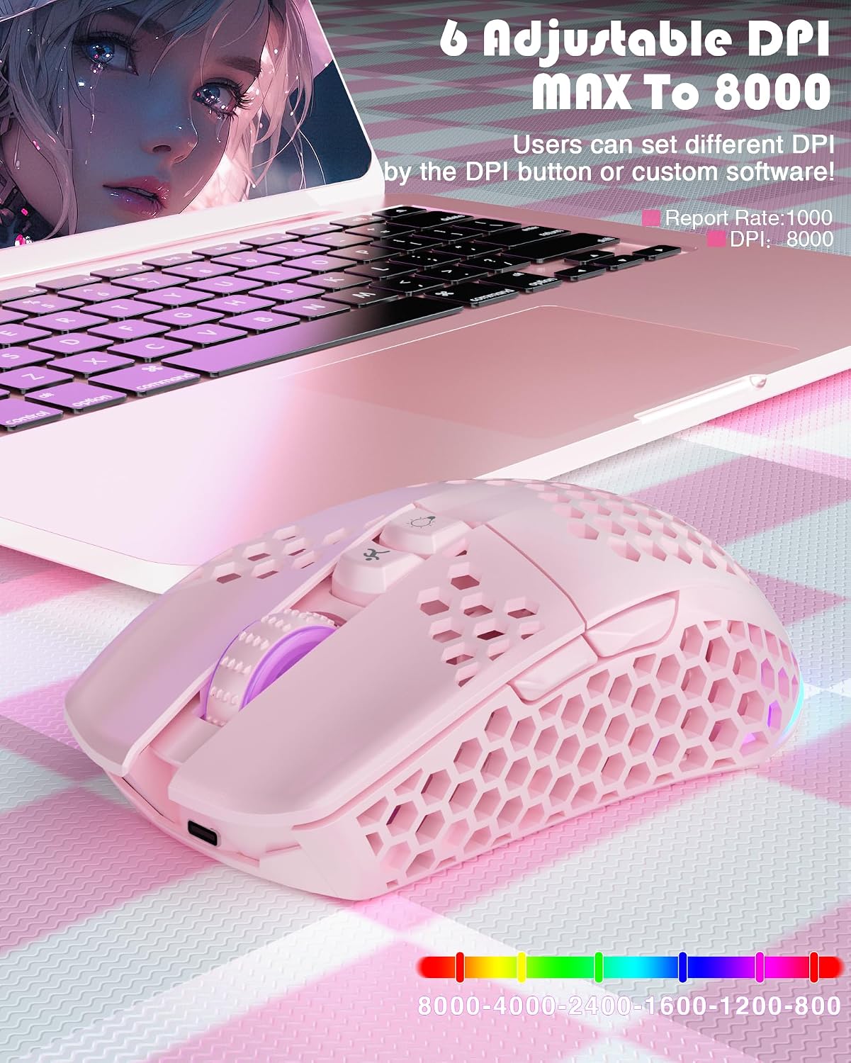 Detalle 2 de SOLAKAKA SM600 Wireless Gaming Mouse, 7 Programmable Buttons and Honeycomb Shell