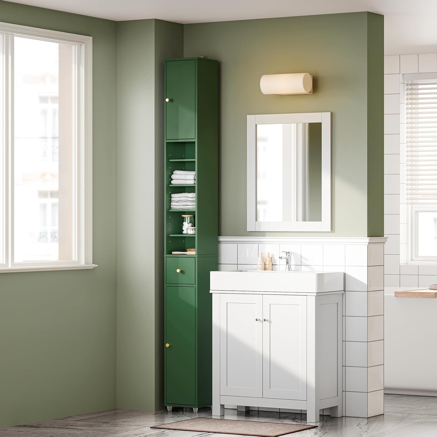 Detalle 2 de SoBuy Colonne de Salle de Bain 180 cm – Armoire étroite 20x20 cm avec 6 étagères réglables et tiroir, Vert Olive BZR34-II-SY