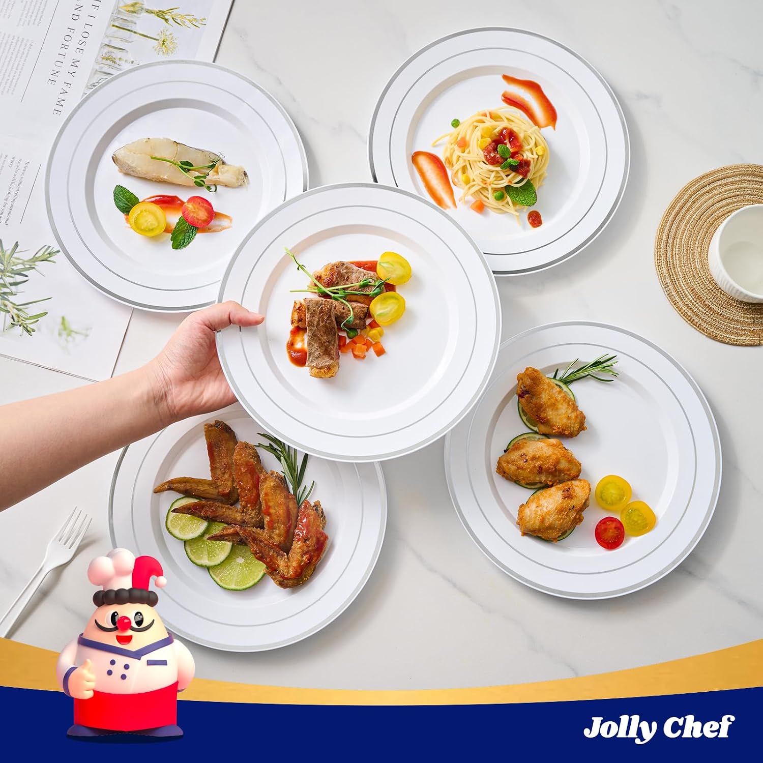 Thumbnail 5 de JOLLY CHEF 100 Pieces Silver Plates 10 Inch