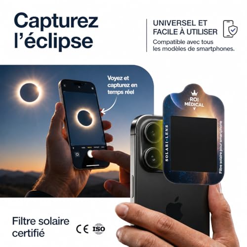 Detalle 2 de Lunettes Eclipse Solaire 2026 – Lot premium 20 paires avec 2 filtres pour smartphone, CE ISO 12312-2
