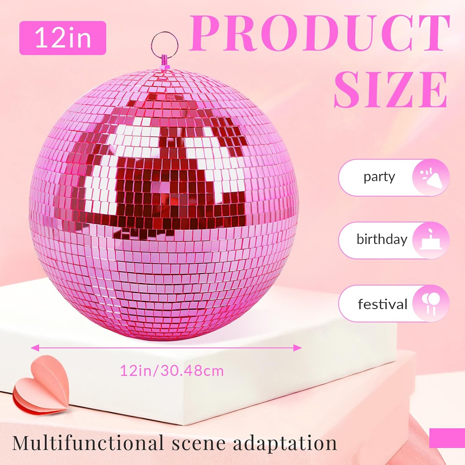 Detalle 2 de Muscab 12-Inch Pink Disco Ball with Hanging Ring, 95% Glass Mirror