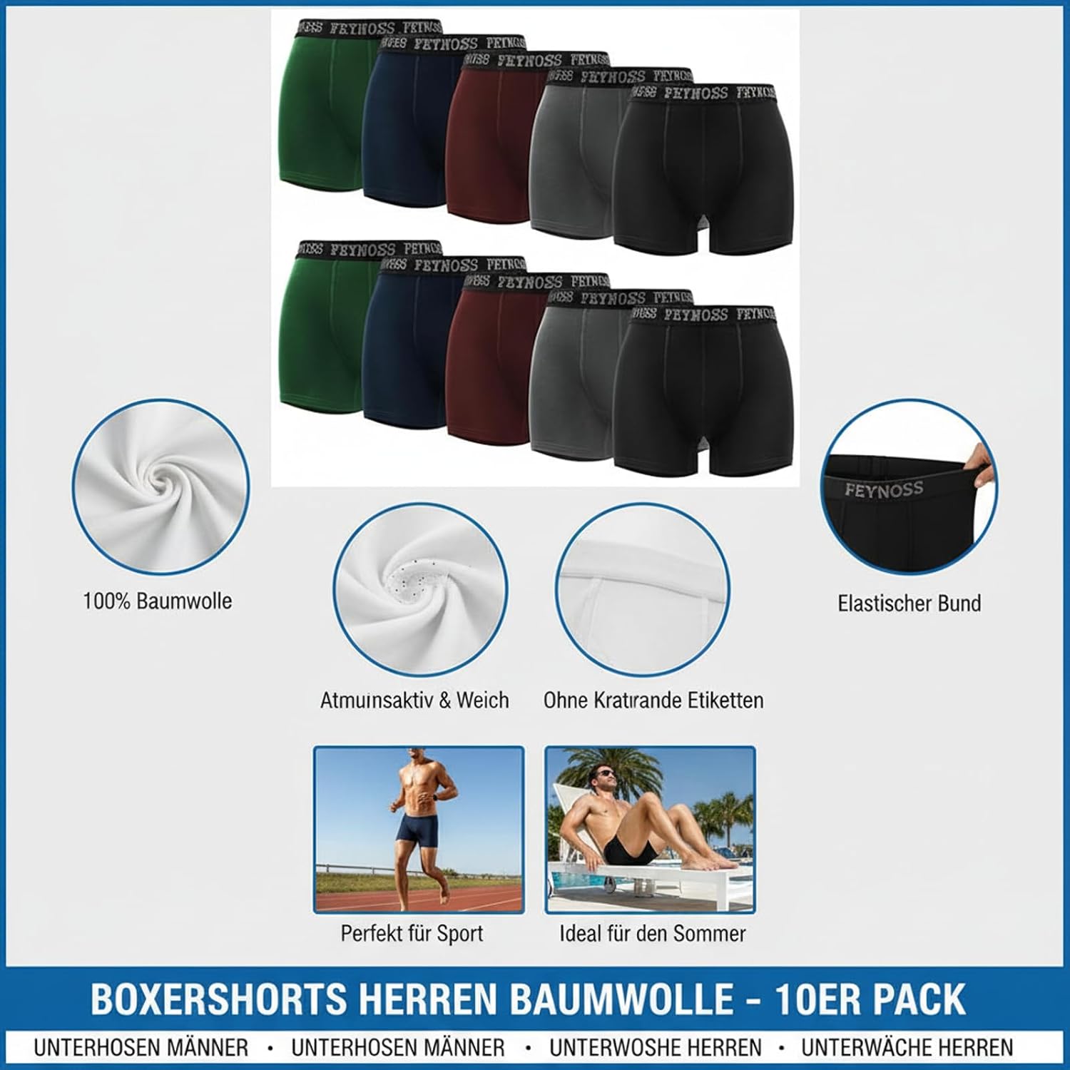 Thumbnail 4 de feynoss Boxershorts Herren 10er Pack aus Baumwolle mit elastischem Bund – weich, atmungsaktiv & ohne Etikett