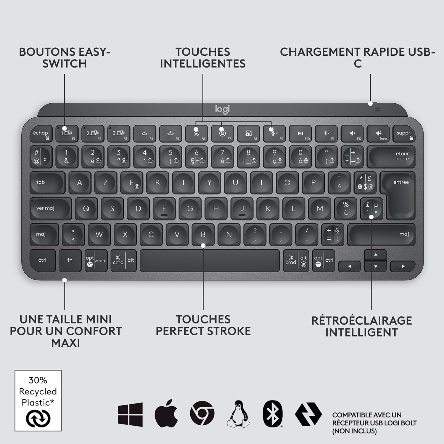 Thumbnail 6 de Logitech MX Keys Mini Minimaliste: Clavier sans Fil Rétroéclairé, USB-C et Multi-OS
