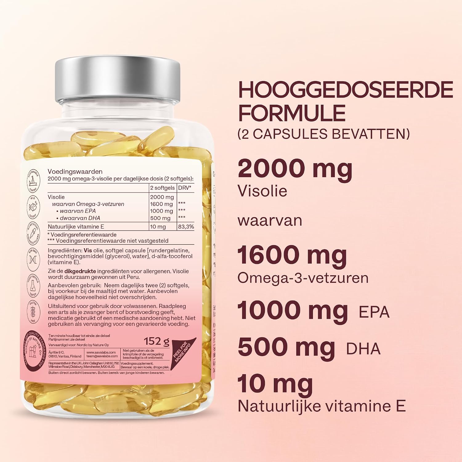 Detalle 1 de AAVALABS Omega 3-visolie, 2.000 mg, 1.000 mg EPA en 500 mg DHA, 120 softgels